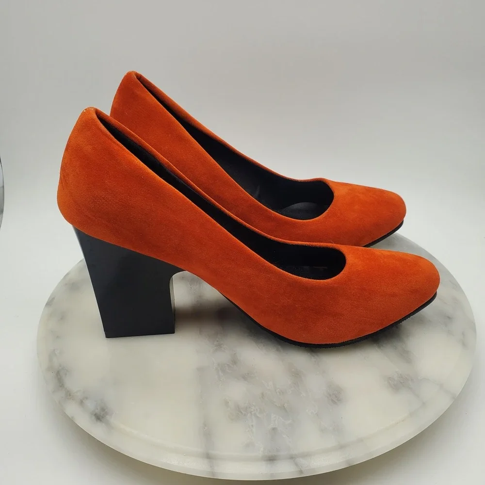 Vibrant Orange Suede Block Heel Pumps Round Toe Chunky High Heels Women Sz 6.5-7